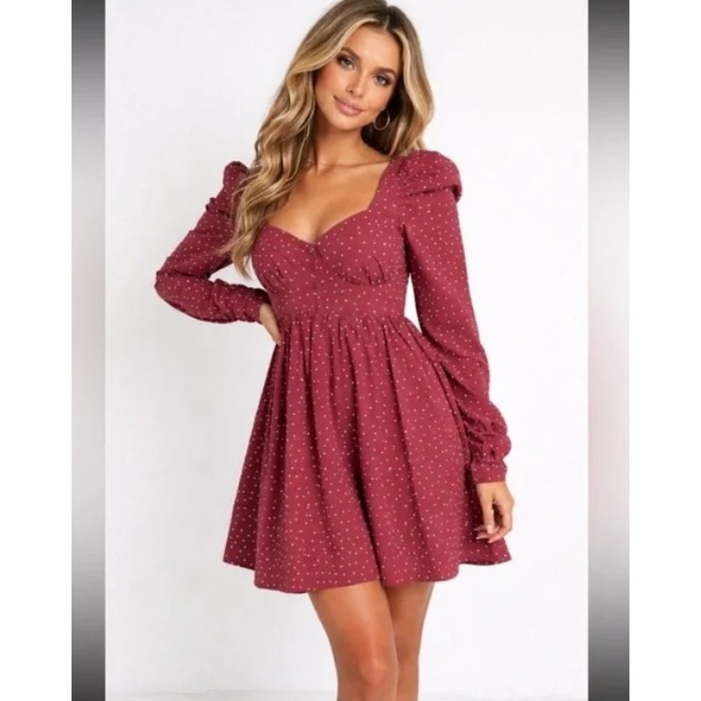 Asos Maroon Red Babydoll Milkmaid Polka Dot Mini Dress Sz 2 Long Sleeve Coquette